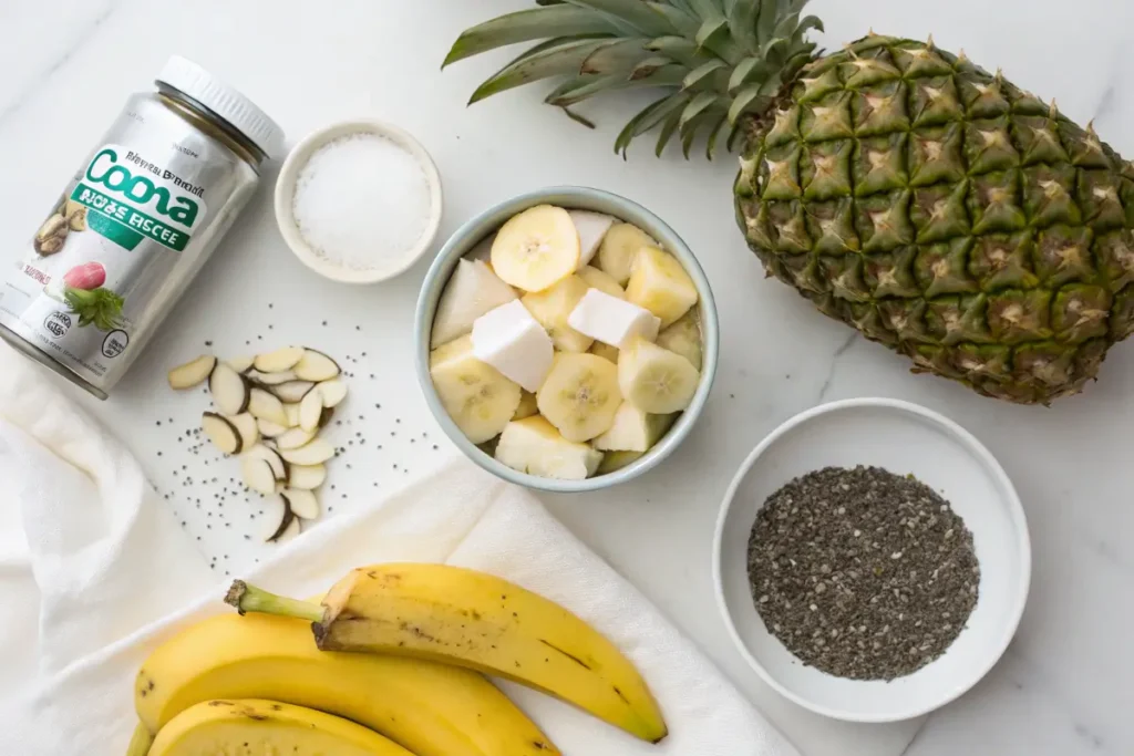 Smoothie ingredients, including coconut milk, fruits, and chia seeds.