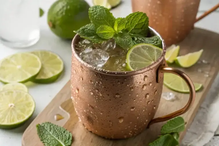 Refreshing Virgin Moscow Mule mocktail served ice-cold in a copper mug garnished with lime wedge and fresh mint.