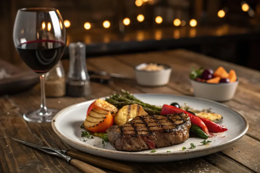  Gourmet meal with grilled steak and red wine pairing