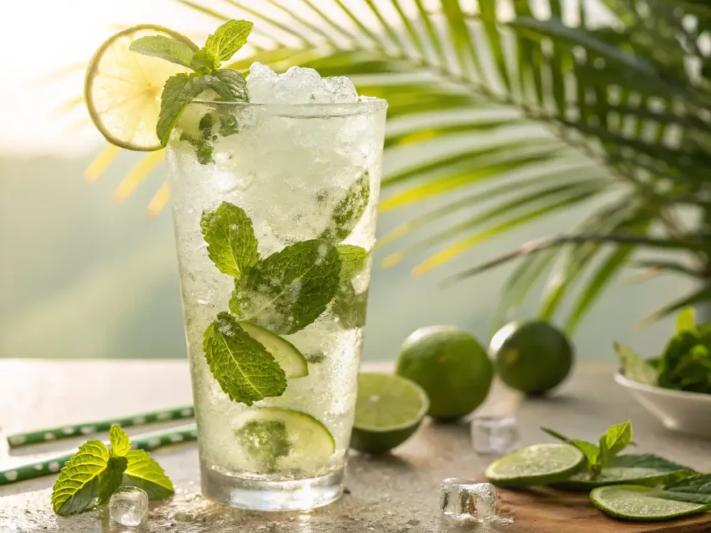 Virgin Mojito in a tall glass with mint and lime