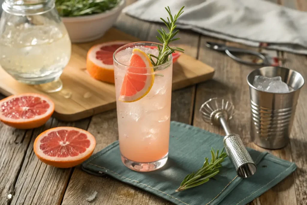 Paloma Mocktail with lime wedge and rosemary on a wooden table.