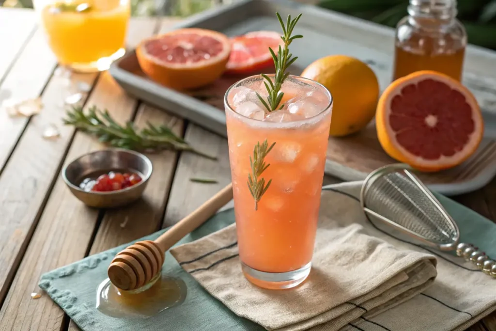 Greyhound mocktail with rosemary garnish in a highball glass.