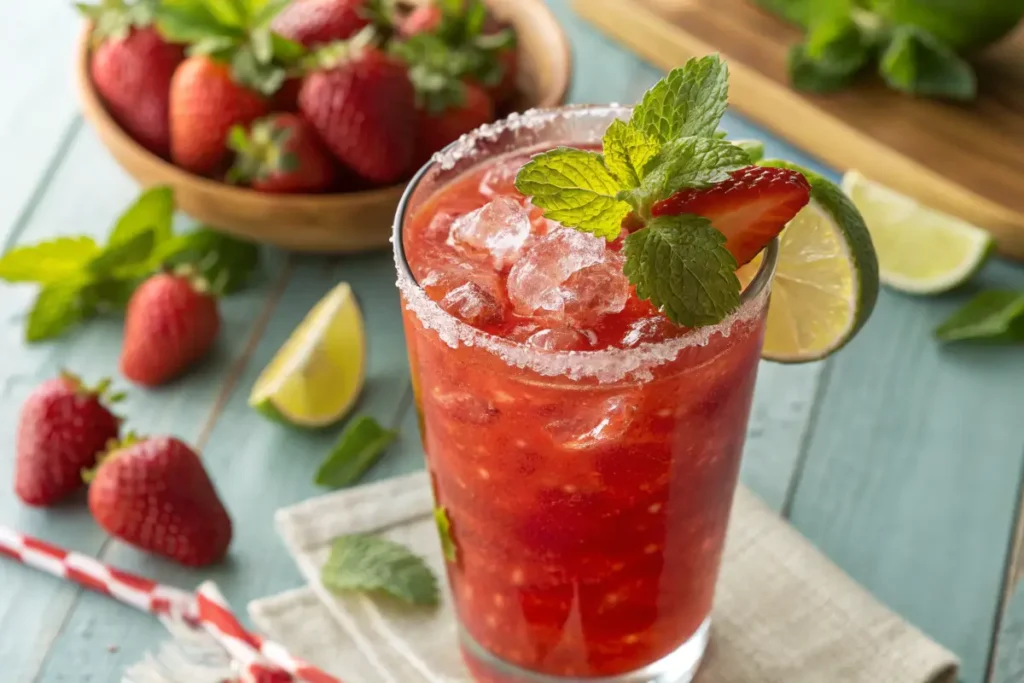 Refreshing strawberry mocktail in a highball glass with mint and lime garnish.