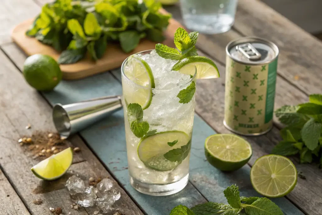 Waterloo Mojito Mocktail in a highball glass with mint and lime.