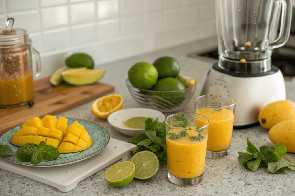 Ingredients for a Mango Mocktail on a kitchen counter, including mangoes, lime, and mint.