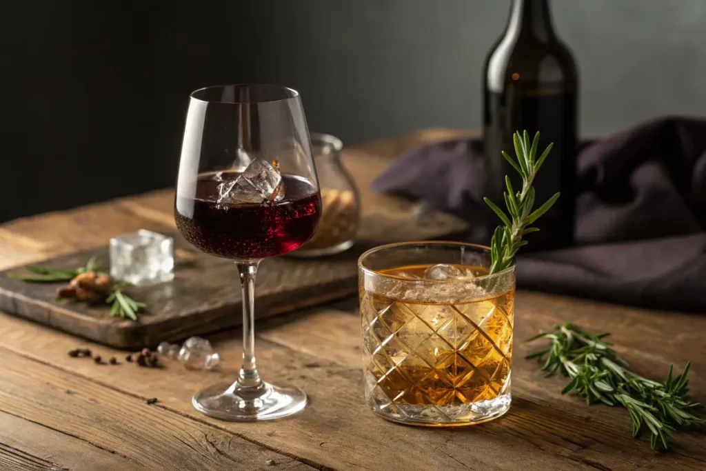 Luxurious glass of red wine on a marble countertop