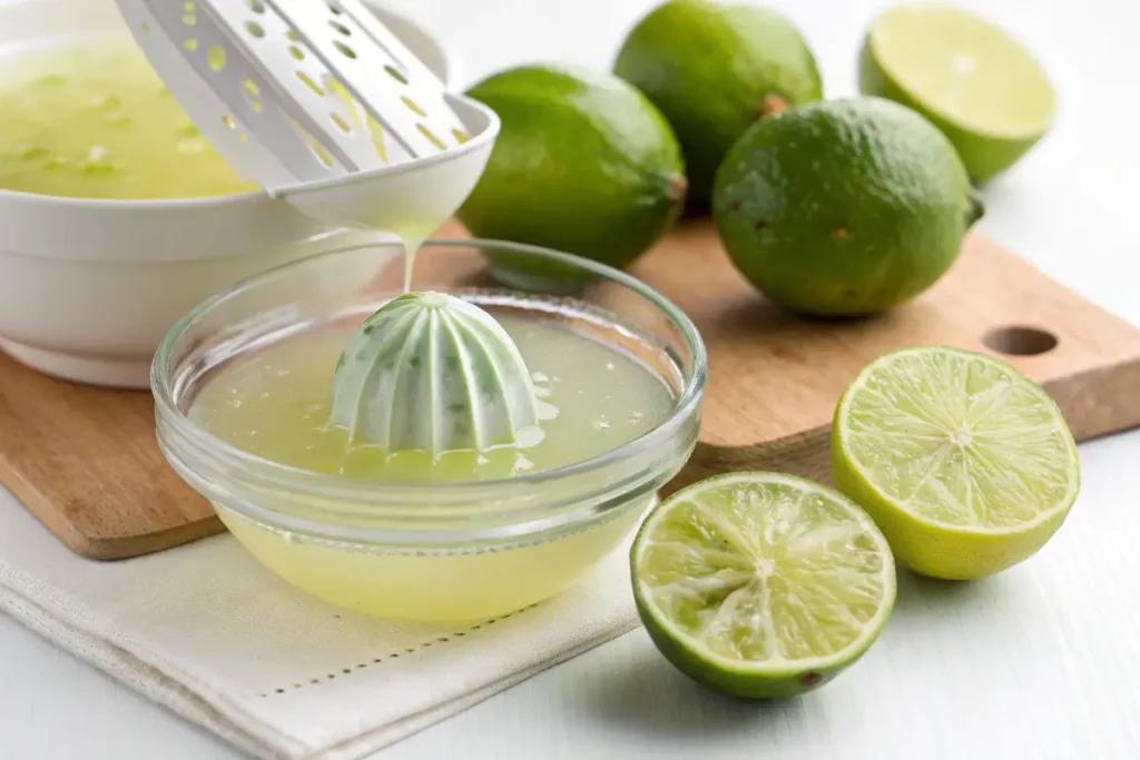 Lime juice being squeezed into a bowl with a juicer and lime halves nearby.