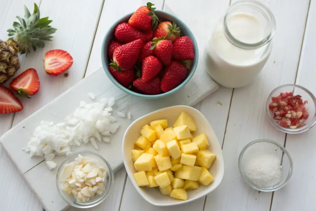  Ingredients for Bahama Mama Tropical Smoothie on a table.