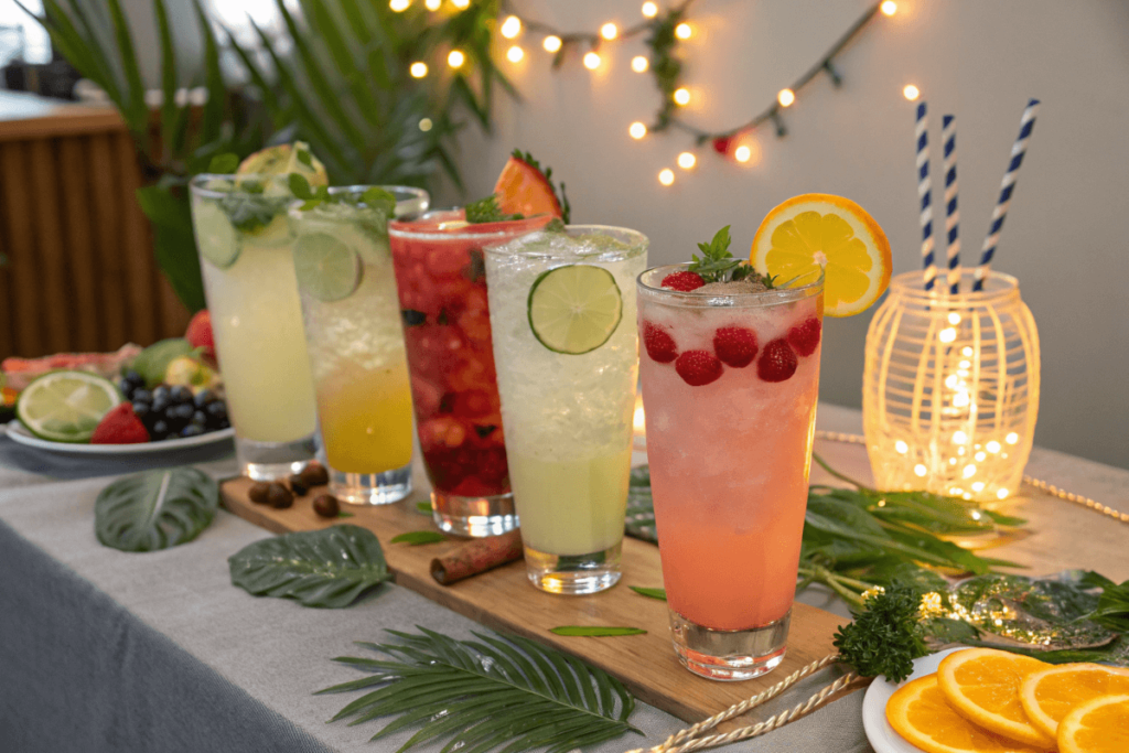 A glass of coconut water mocktail garnished with lime and mint on a tropical-themed table.