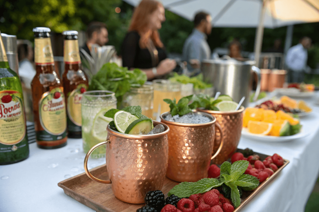  Party table with copper mugs of Virgin Moscow Mule and garnish station