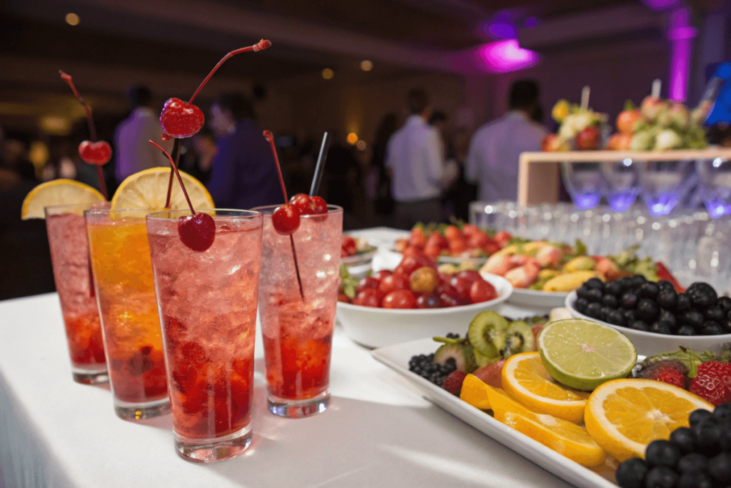 A party table with Shirley Temple drinks and colorful garnishes