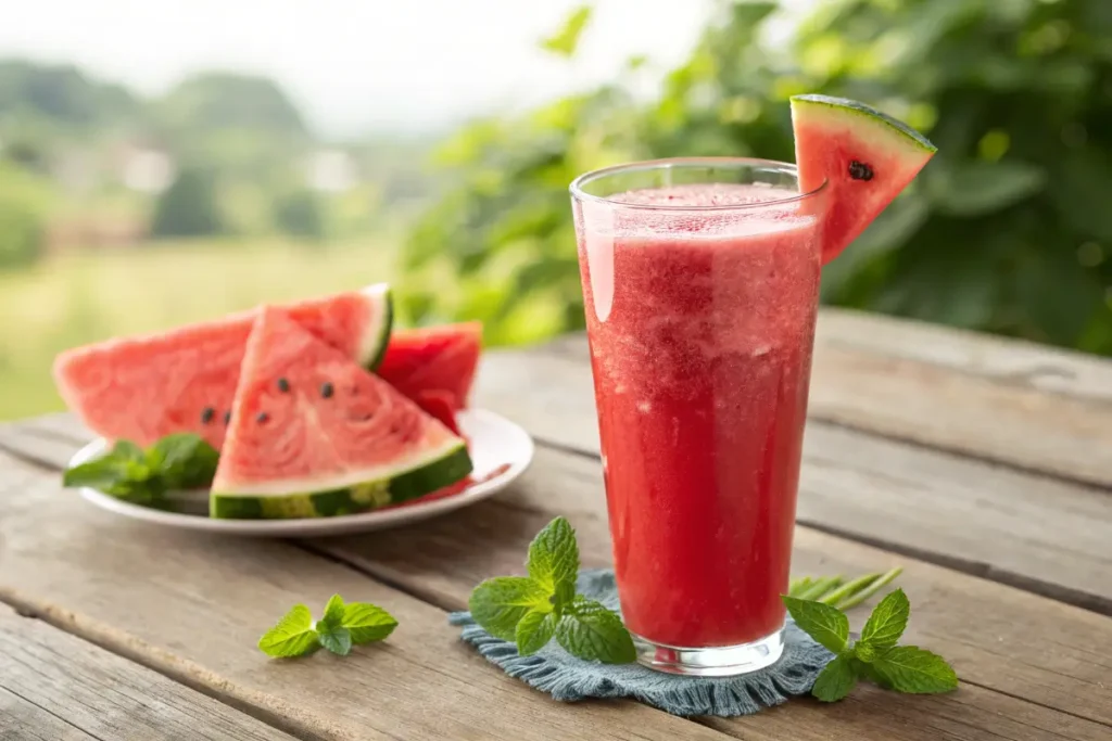 Fresh watermelon juice in a tall glass with a watermelon wedge and mint