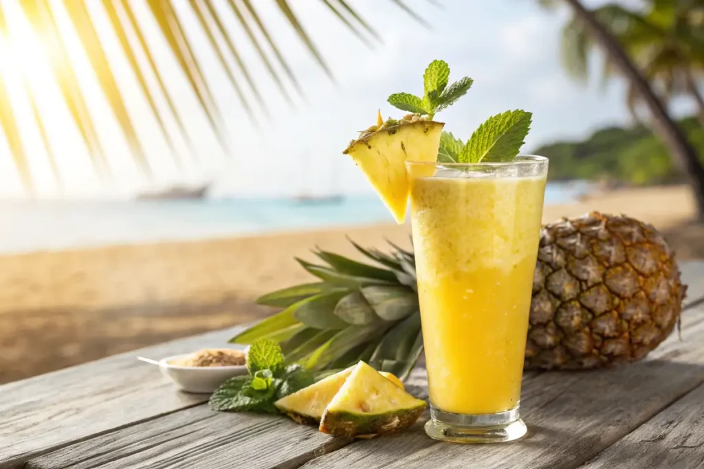 Fresh pineapple juice in a tall glass with a pineapple wedge and mint