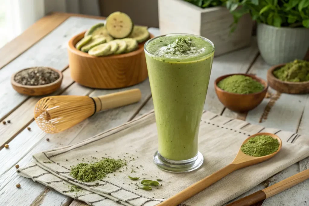 A vibrant matcha green tea smoothie in a glass with chia seeds on top.