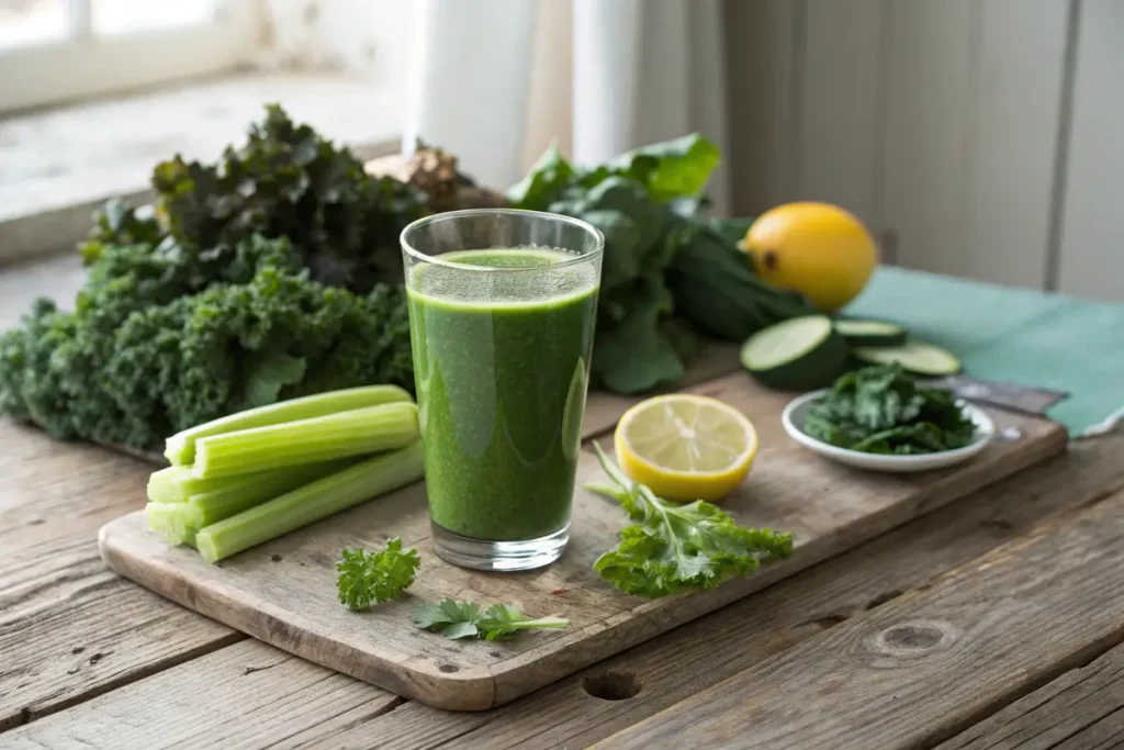 Glass of green juice with fresh greens and lemon on a rustic table