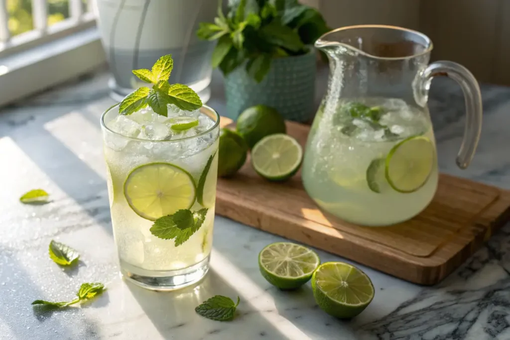 A glass of limeade with mint and lime slices on a marble countertop.