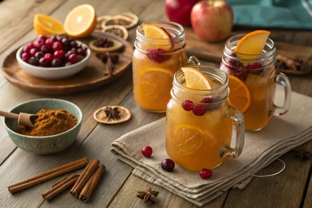  Rustic table setup with apple cider mocktails and spices.