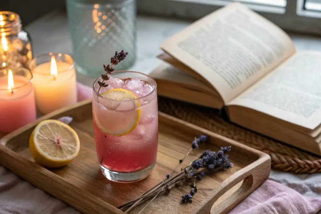 Glass of sleepy girl mocktail with lavender and lemon garnish.