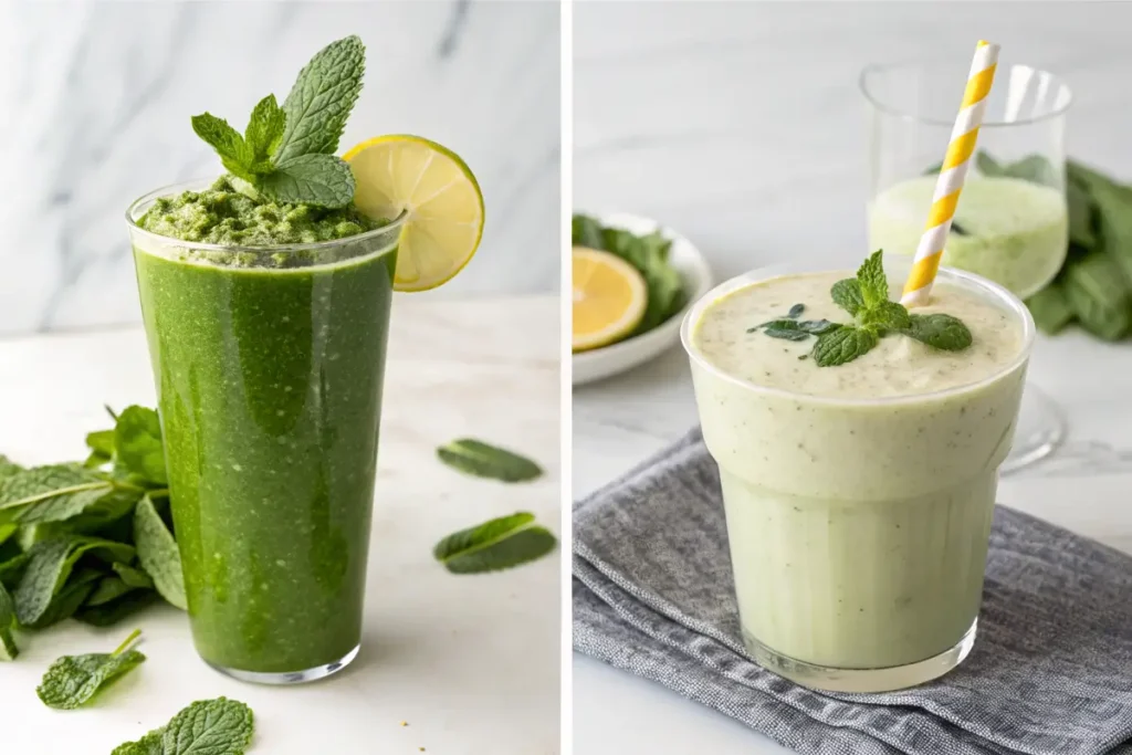 A glass of green juice next to a creamy green smoothie, garnished with mint and lemon.