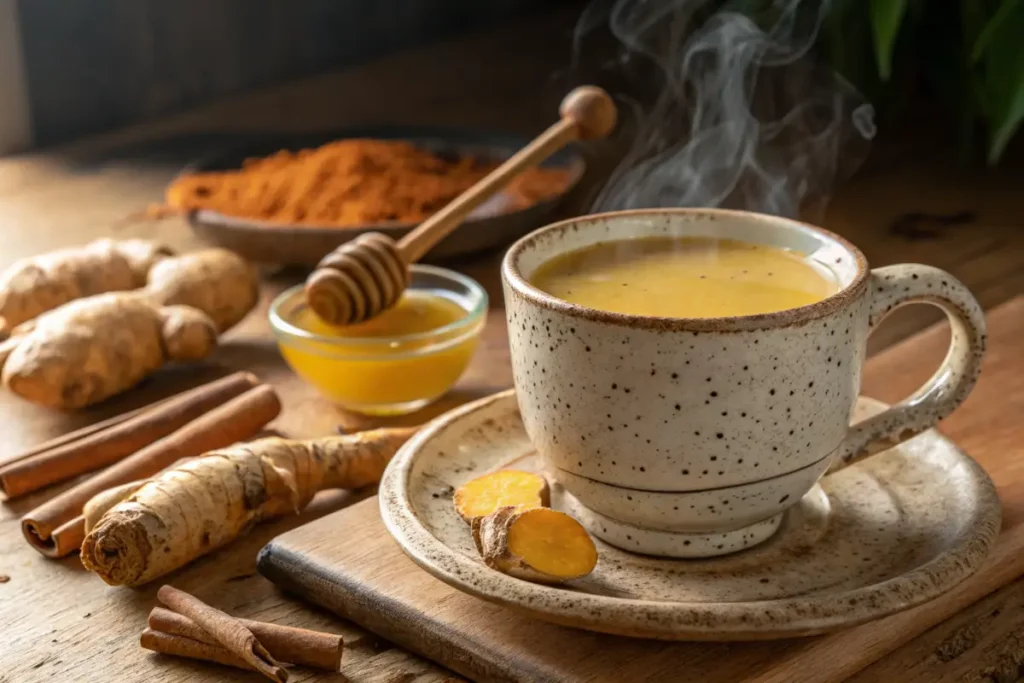 Steaming cup of Ginger Turmeric Tea with fresh ginger and turmeric.