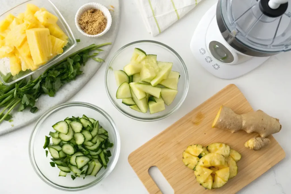 Ingredients for making pineapple cucumber juice, including pineapple, cucumber, and ginger.