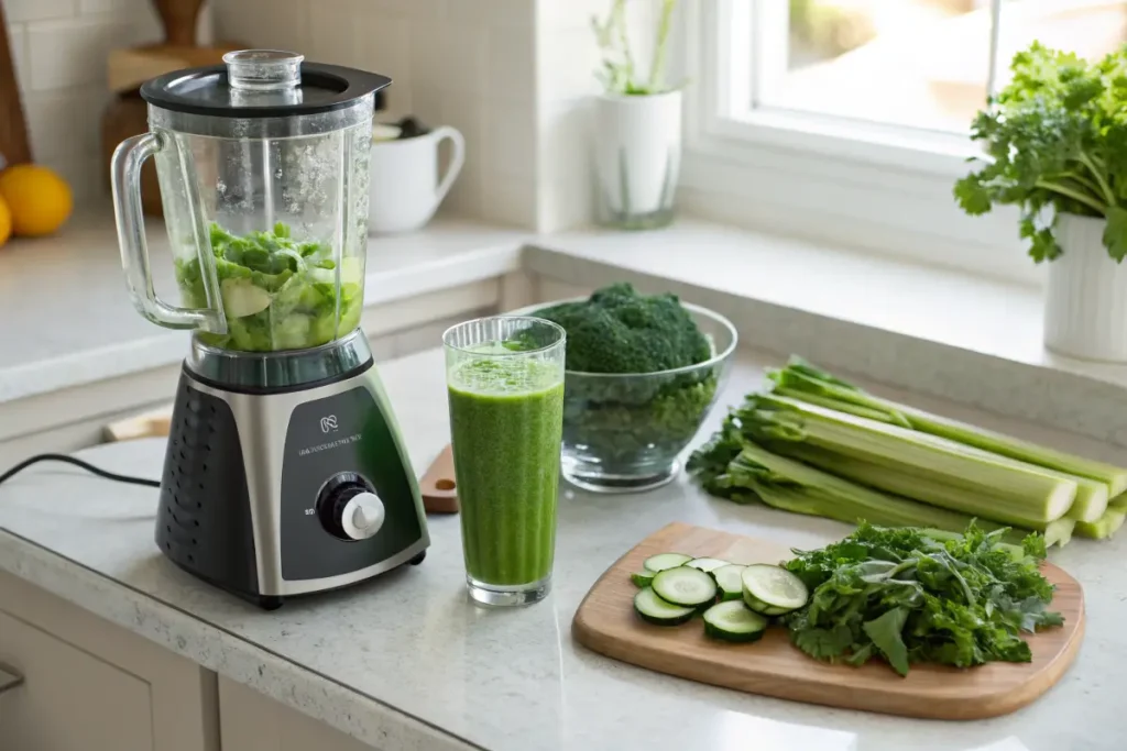 A step-by-step process of making green juice with a blender, fresh produce, and a jug of juice.