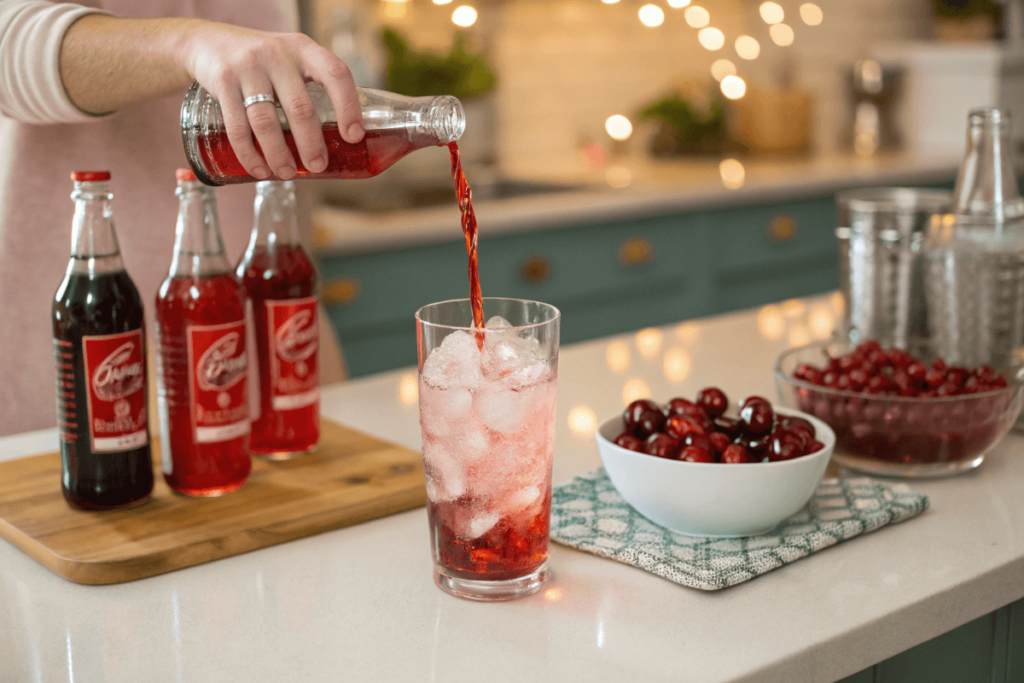 Step-by-step preparation of a Shirley Temple drink with grenadine and soda