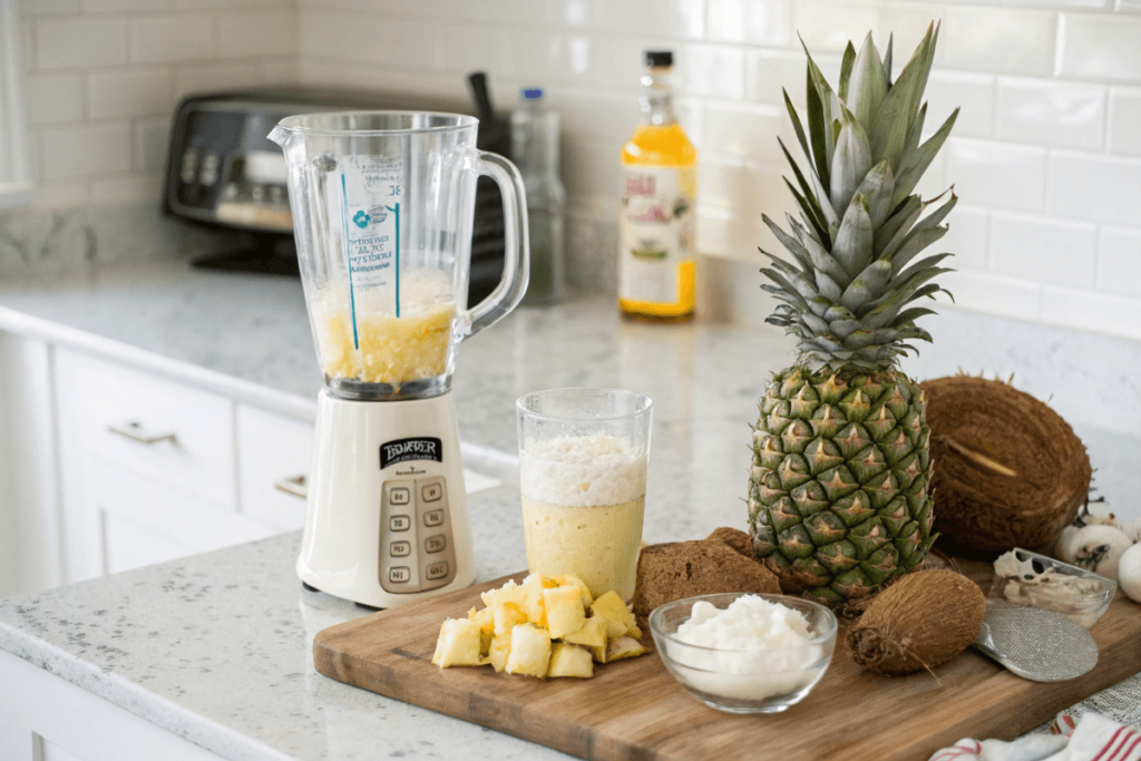 Blender filled with ingredients for a Virgin Piña Colada, surrounded by pineapple and coconut.