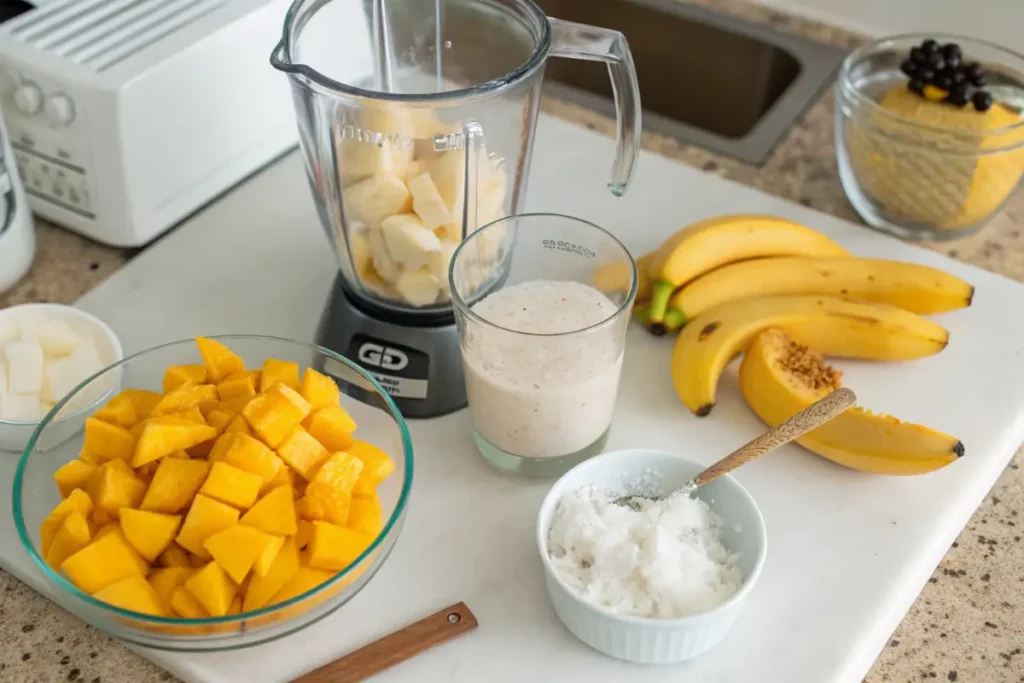 Step-by-Step Mango Smoothie Preparation on a Kitchen Counter