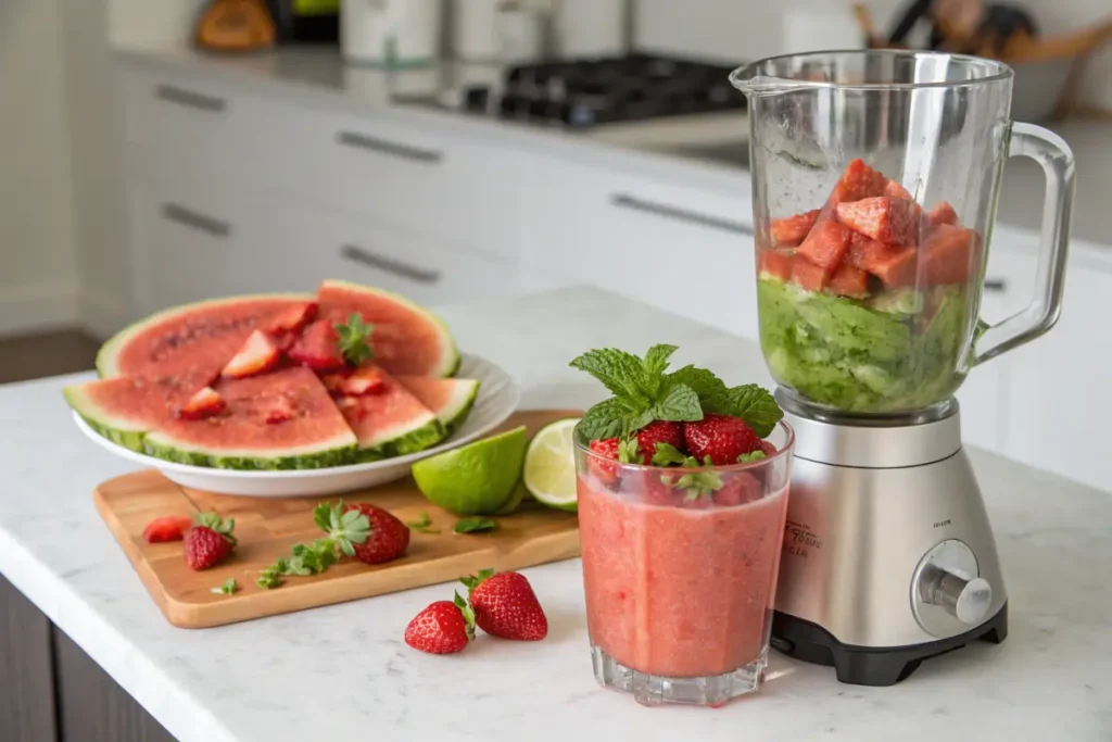 Ingredients and blender used to make a watermelon mojito tropical smoothie.