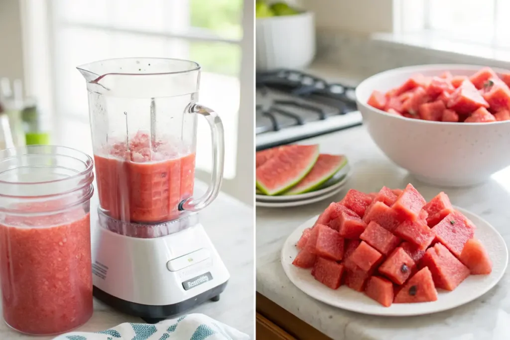 Fresh watermelon juice preparation process showing watermelon chunks in a blender and strained juice in a jug.
