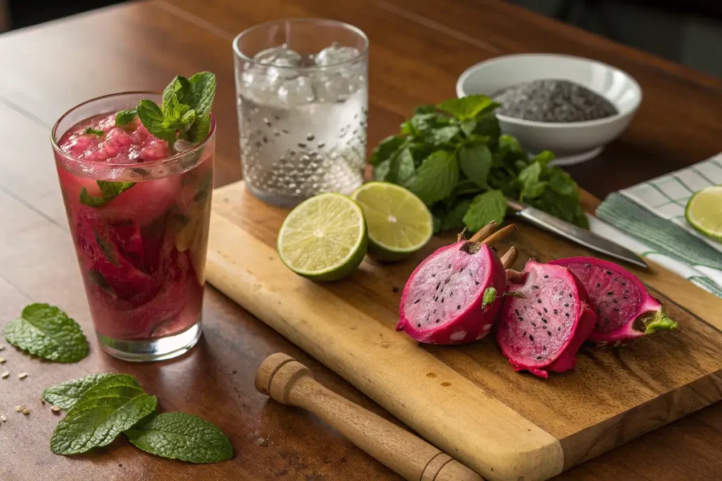 Ingredients and tools for making Virgin Dragon Fruit Mocktails