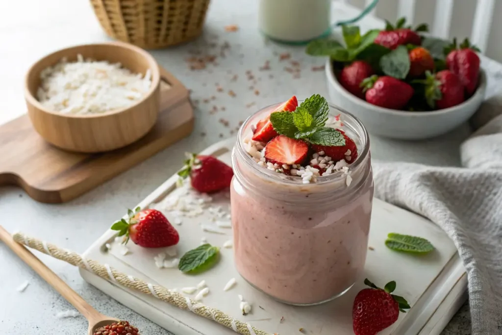 Strawberry coconut smoothie with fresh toppings in a glass jar.