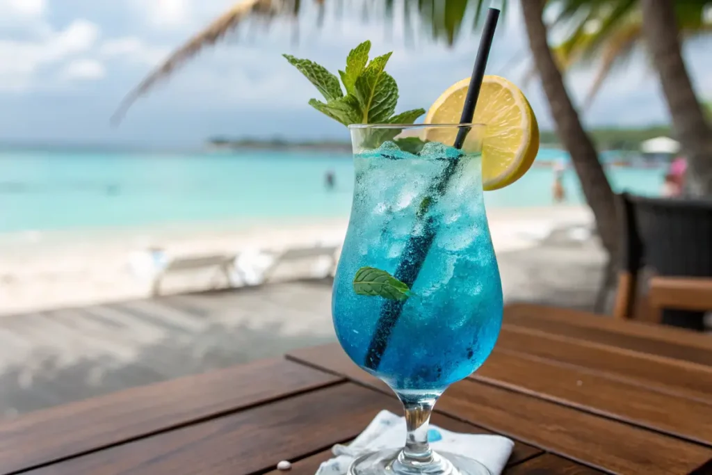 A refreshing blue mocktail garnished with lemon and mint.