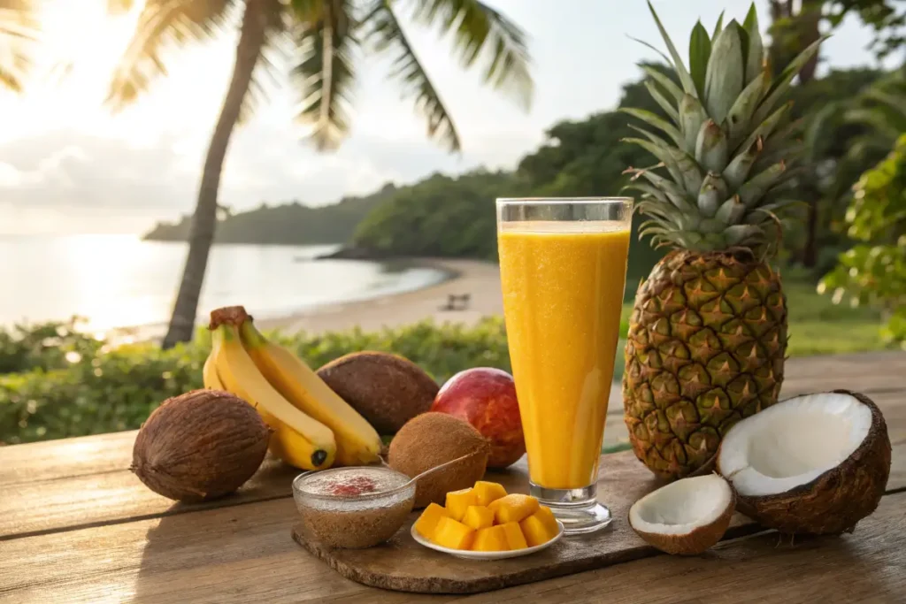 Vibrant tropical smoothie surrounded by fresh tropical fruits