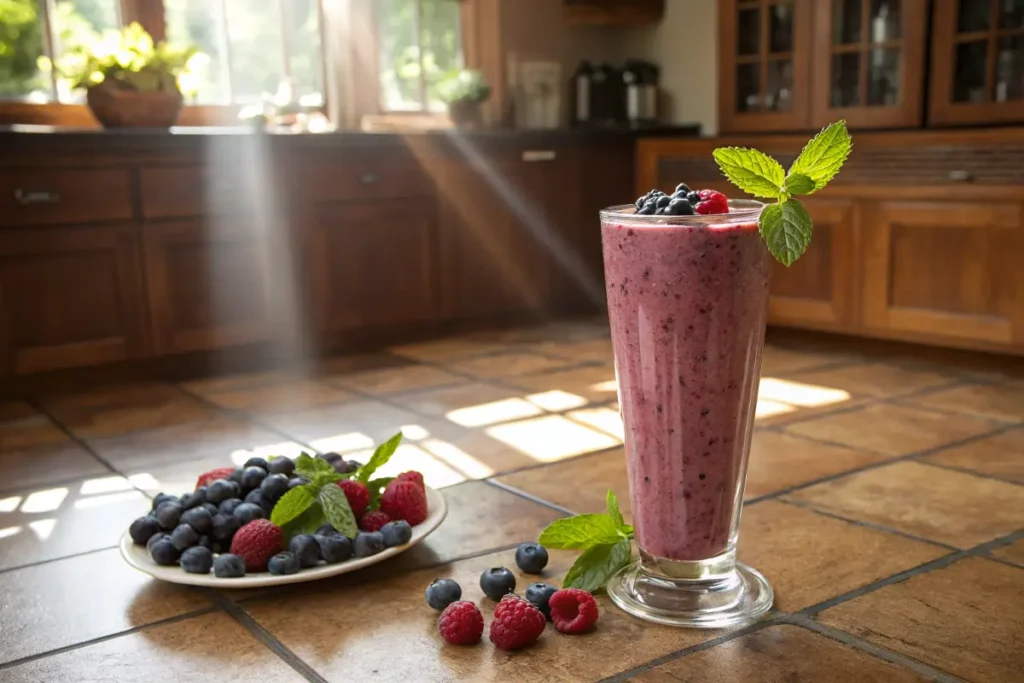 Glass of Berry Protein Smoothie Garnished with Fresh Berries