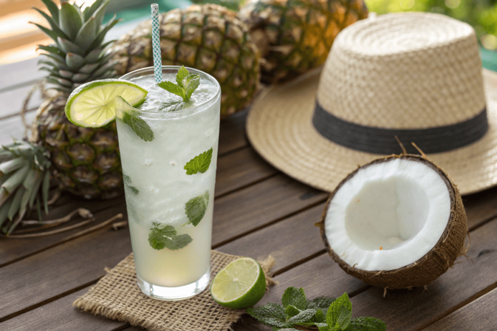 A glass of coconut water mocktail garnished with lime and mint on a tropical-themed table