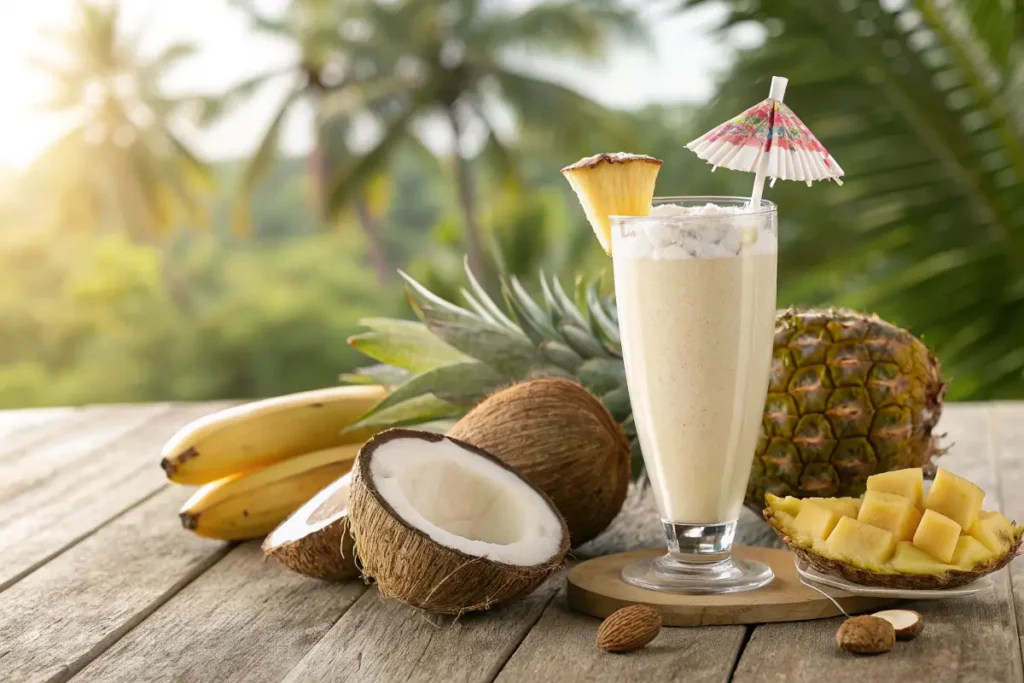 Creamy coconut smoothie with tropical fruits on a table.