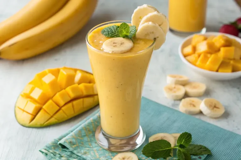 Glass of mango banana smoothie with a creamy yellow color, garnished with banana slices and mint, served on a light background