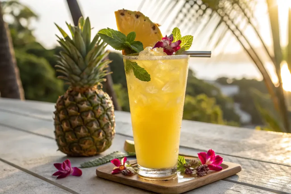 Pineapple mocktail in a tall glass with tropical garnishes.