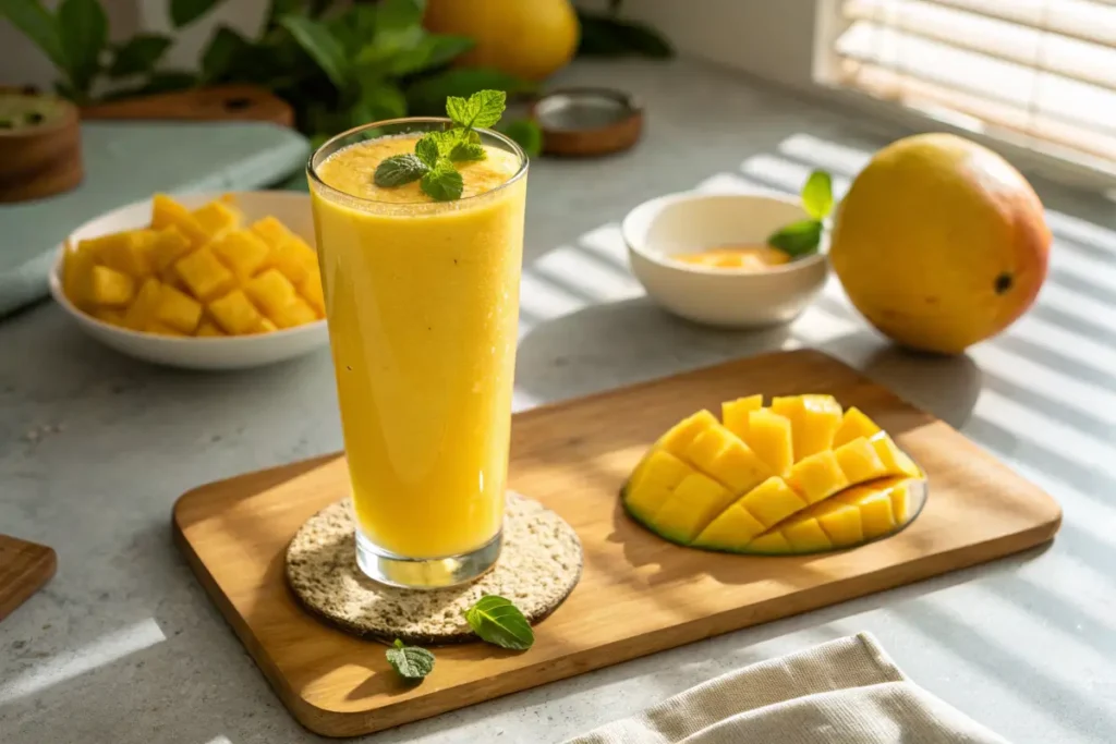 A glass of fresh mango juice garnished with mint and a mango slice