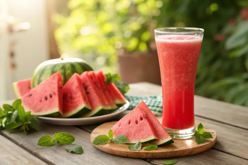 A tall glass of watermelon juice surrounded by watermelon slices and mint leaves on a wooden table.