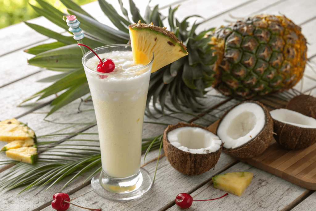 A glass of Virgin Piña Colada garnished with pineapple and cherry on a tropical-themed table