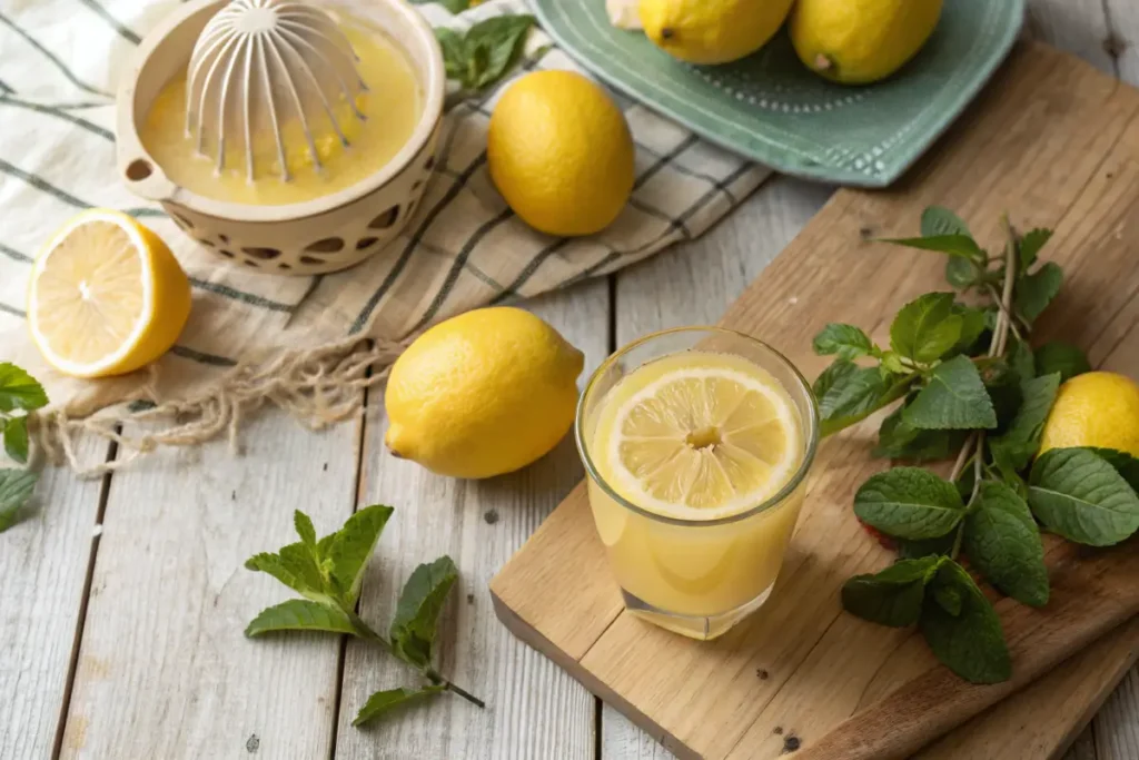 A glass of freshly squeezed lemon juice with lemons and a juicer.