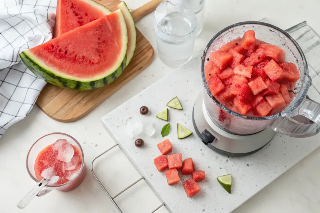 Chopped watermelon and blender preparing fresh watermelon juice