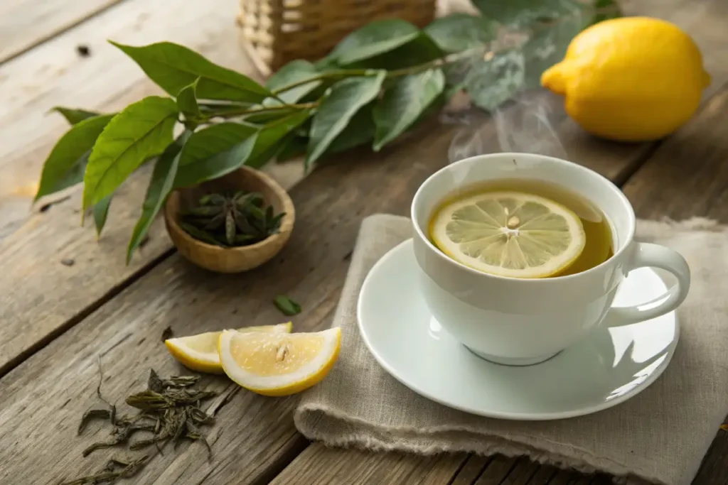 Cup of green tea with lemon slices on a wooden table