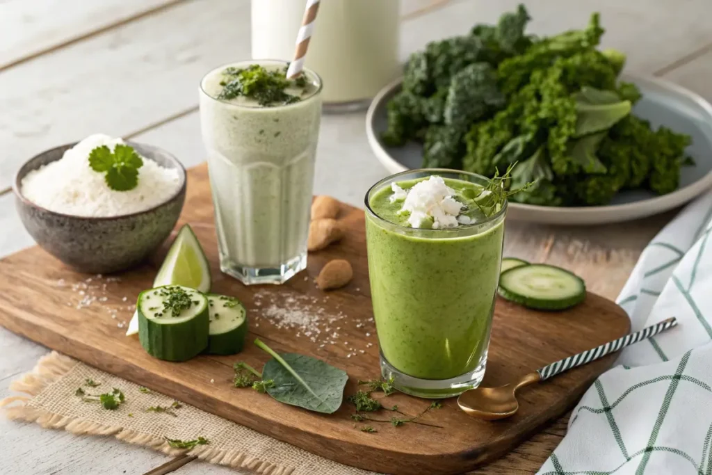 Three variations of matcha green tea smoothies: protein, vegan, and detox versions.