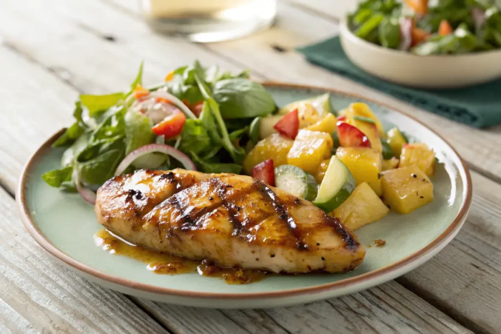 Grilled chicken glazed with pineapple cucumber juice marinade and a fresh salad.