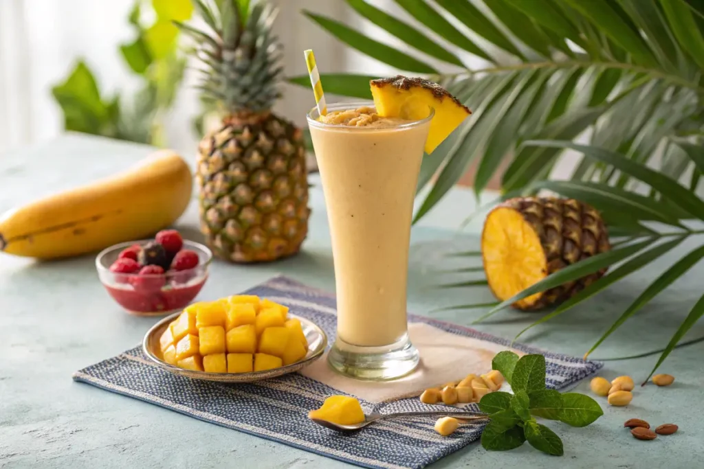 Tropical peanut butter smoothie without banana garnished with pineapple and mango.