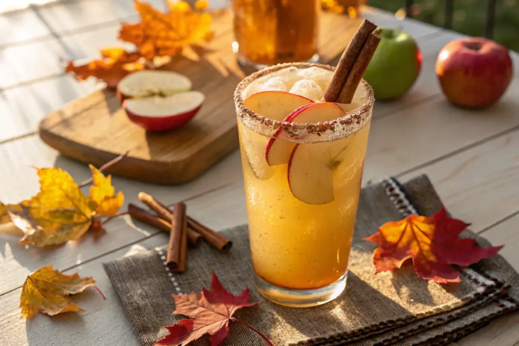 Tall glass of apple cider mocktail with cinnamon and apple slices.